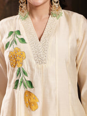 Stylum Women's Cream Solid & Embroidered Roman Silk A-Line Kurta Pant Dupatta Set (KPDCREAMNAWAL)