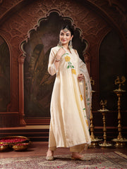 Stylum Women's Cream Solid & Embroidered Roman Silk A-Line Kurta Pant Dupatta Set (KPDCREAMNAWAL)
