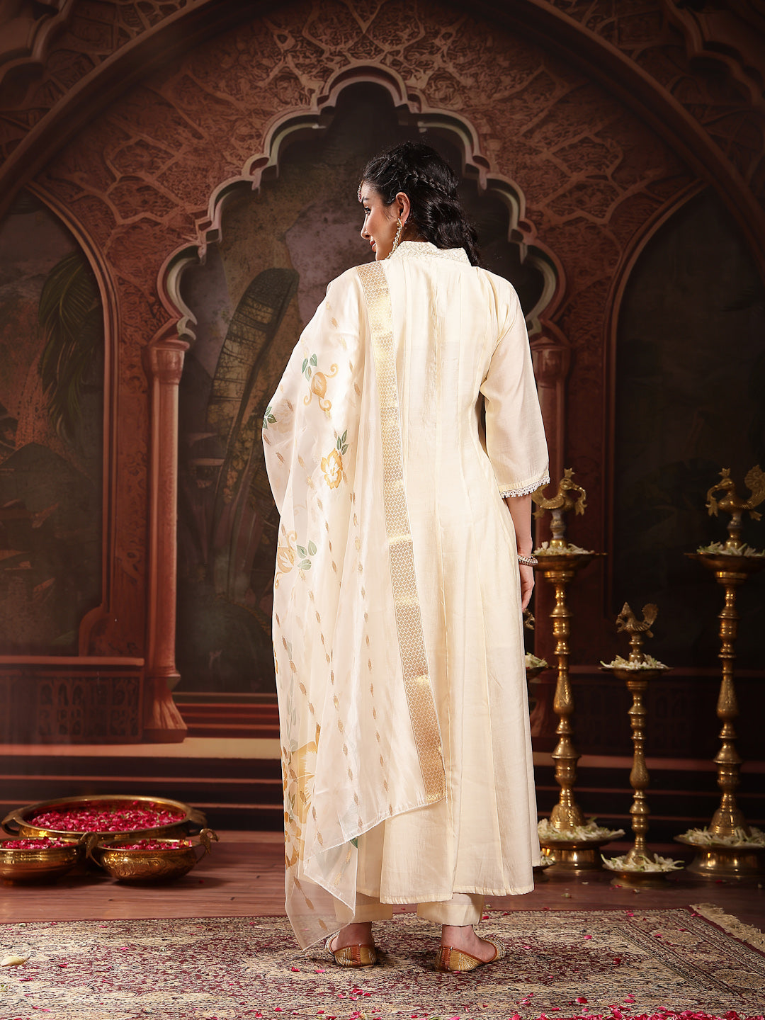 Women's Cream Solid & Embroidered Roman Silk A-Line Kurta Pant Dupatta