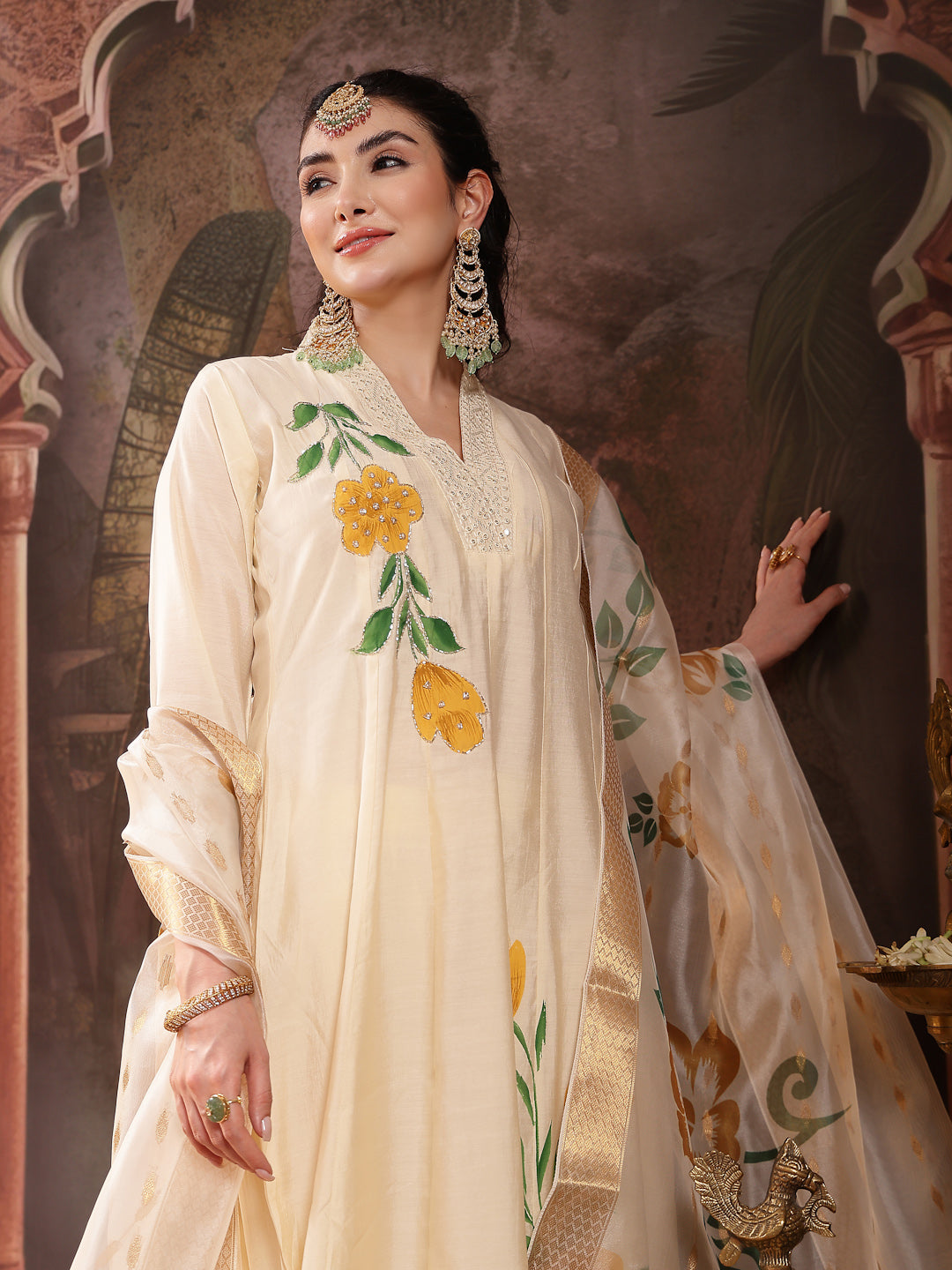 Women's Cream Solid & Embroidered Roman Silk A-Line Kurta Pant Dupatta