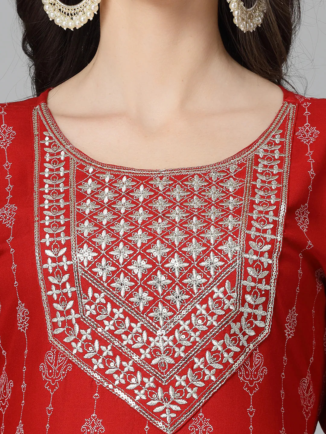 Women's Printed Kurta Set with Dupatta - Red Naira Cut