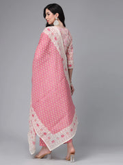Women's Floral Printed Cotton Naira Cut Kurta Pant Dupatta Set-KPDGOHER