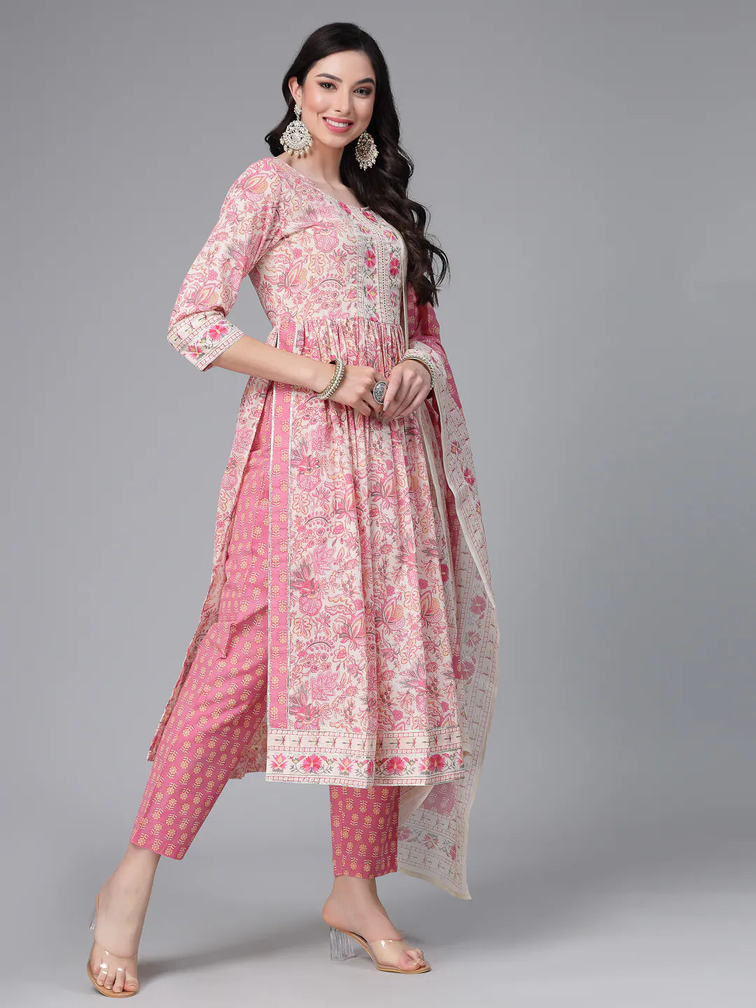 Floral Cotton Naira Cut Women's Kurta Set with Dupatta