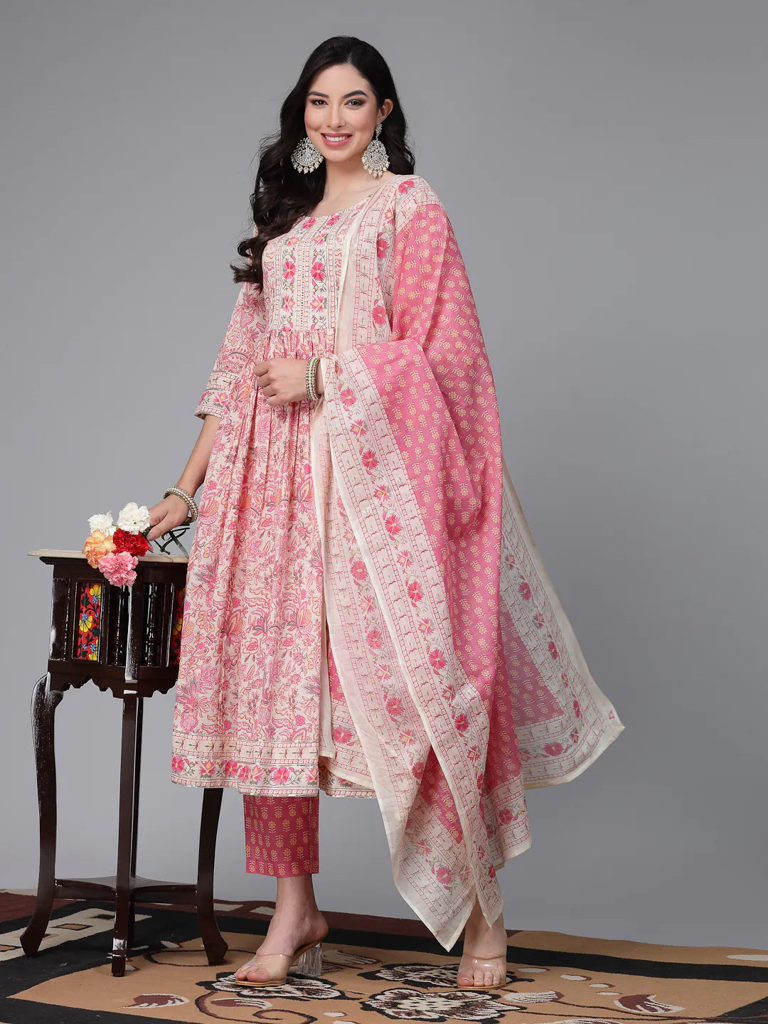 Floral Cotton Naira Cut Women's Kurta Set with Dupatta