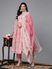 Women's Floral Printed Cotton Naira Cut Kurta Pant Dupatta Set-KPDGOHER