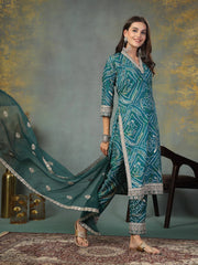 Women's Green Bandhani Print & Embroidered Muslin Straight Kurta Pant Dupatta Set-KPDGREENBANNO