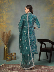 Women's Green Bandhani Print & Embroidered Muslin Straight Kurta Pant Dupatta Set-KPDGREENBANNO