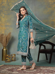 Women's Green Bandhani Print & Embroidered Muslin Straight Kurta Pant Dupatta Set-KPDGREENBANNO