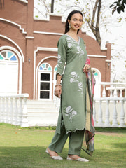 Stylum Women's Green Solid & Embroidered Silk Blend Straight Kurta Pant Dupatta Set (KPDGREENFAI)
