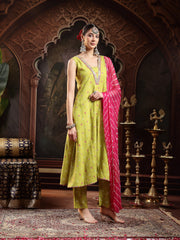 Stylum Women's Green Bandhej Printed & Embroidered Rayon A-Line Kurta Pant Dupatta Set (KPDGREENHERMES)