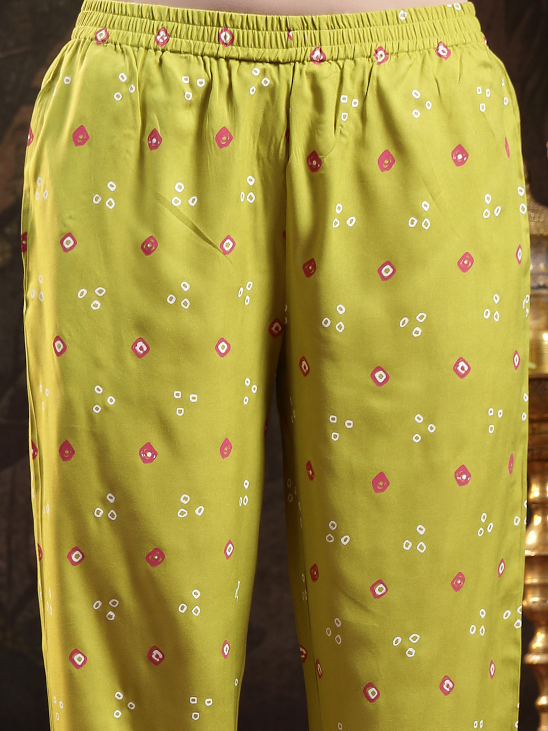 Women's Green Bandhej Printed & Embroidered Rayon A-Line Kurta Pant Du