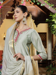 Stylum Women's Green Solid & Embroidered Shimmer Silk Straight Kurta Pant Dupatta Set