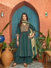 Stylum Women's Green Solid Cotton Straight Kurta Pant Dupatta Set (KPDGREENPANNA)