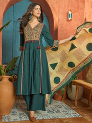 Stylum Women's Green Solid Cotton Straight Kurta Pant Dupatta Set (KPDGREENPANNA)
