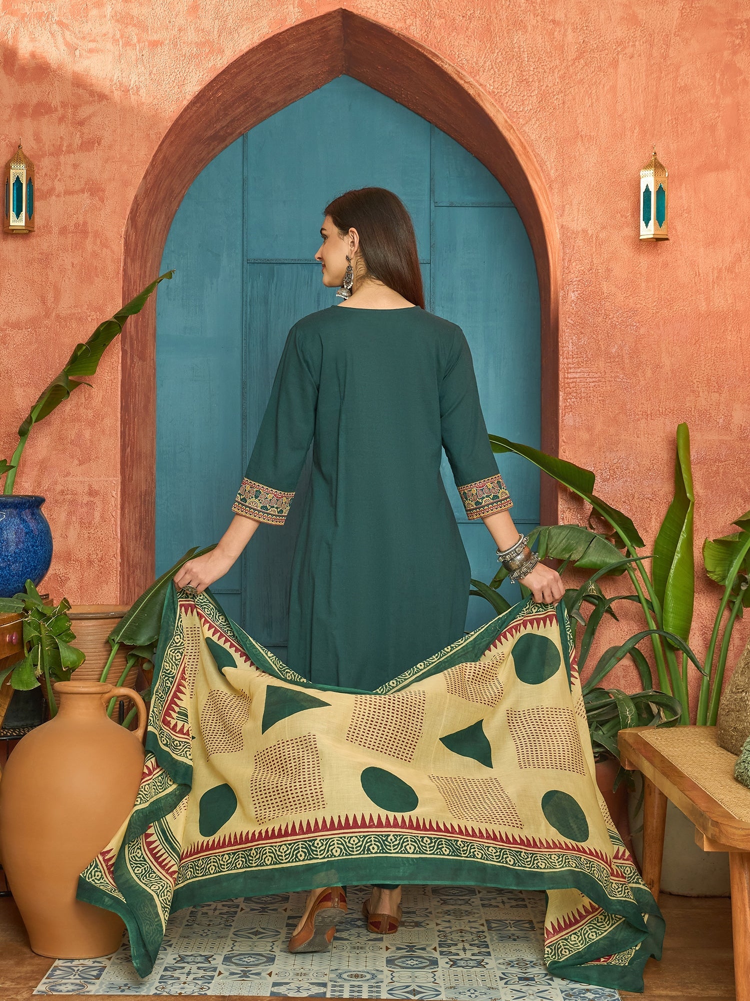 Women's Green Solid Cotton Straight Kurta Pant Dupatta Set (KPDGREENPA