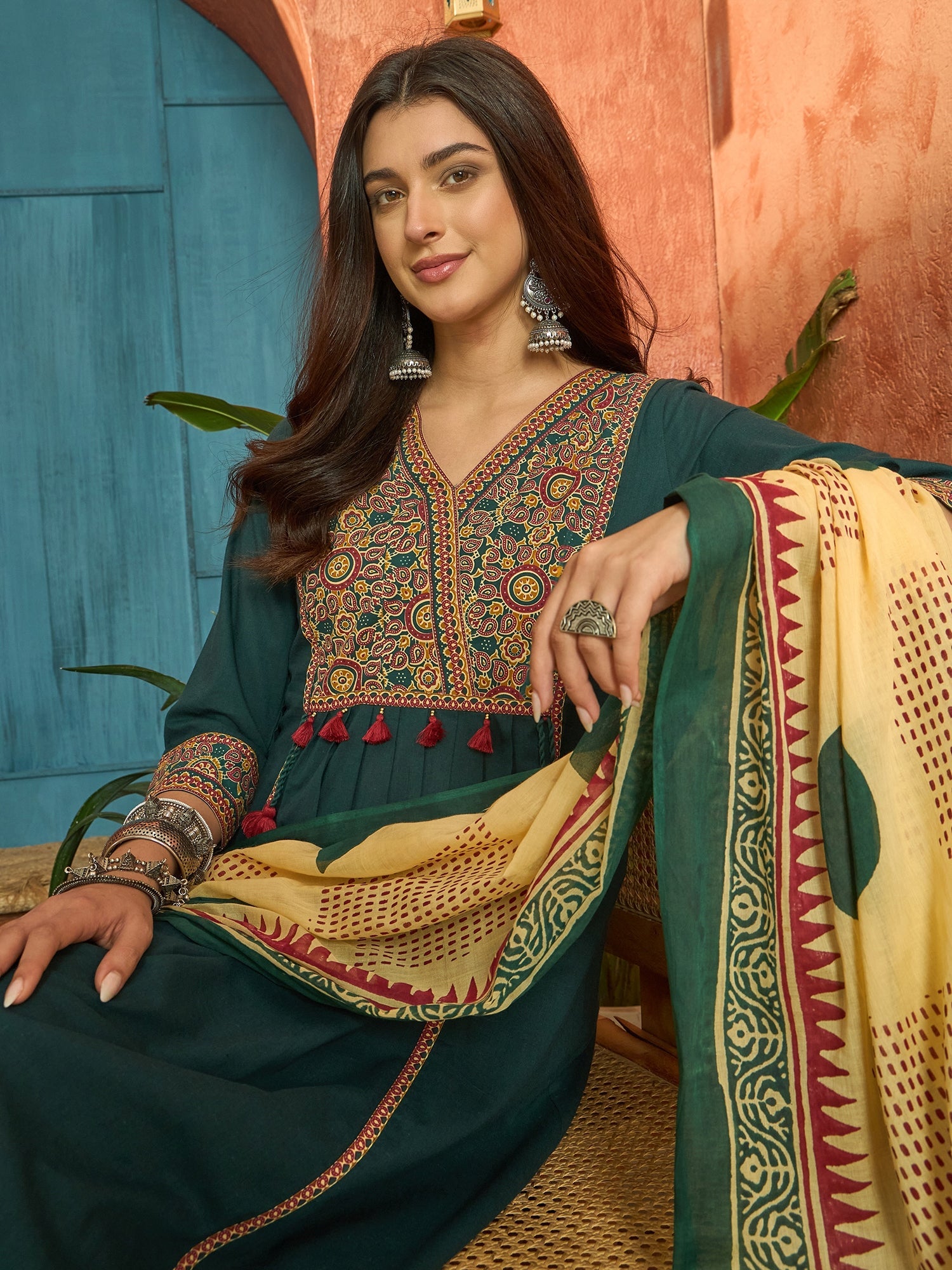 Women's Green Solid Cotton Straight Kurta Pant Dupatta Set (KPDGREENPA