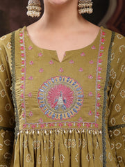 Stylum Women's Green Ethnic Printed & Embroidered Cotton Flared Kurta Palazzo Dupatta Set (KPDGREENPANNU)