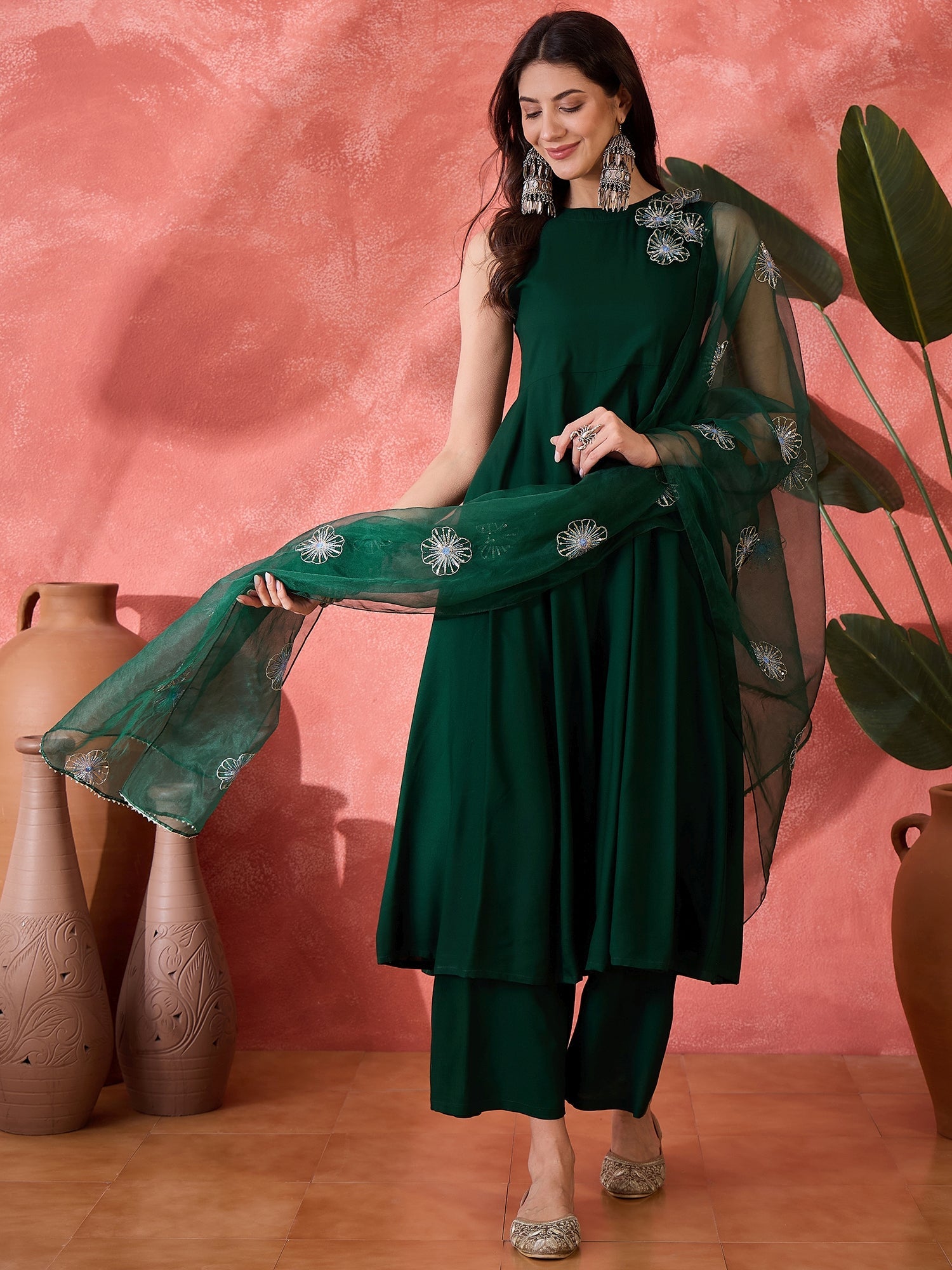 Women's Green Solid & Embellished Rayon Flared Kurta Palazzo Dupatta S
