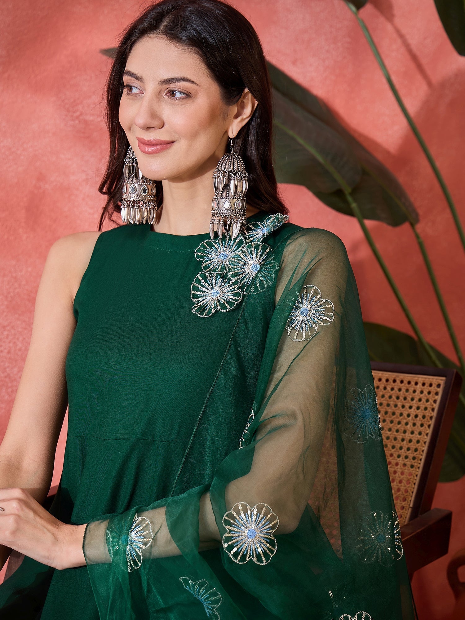 Women's Green Solid & Embellished Rayon Flared Kurta Palazzo Dupatta S