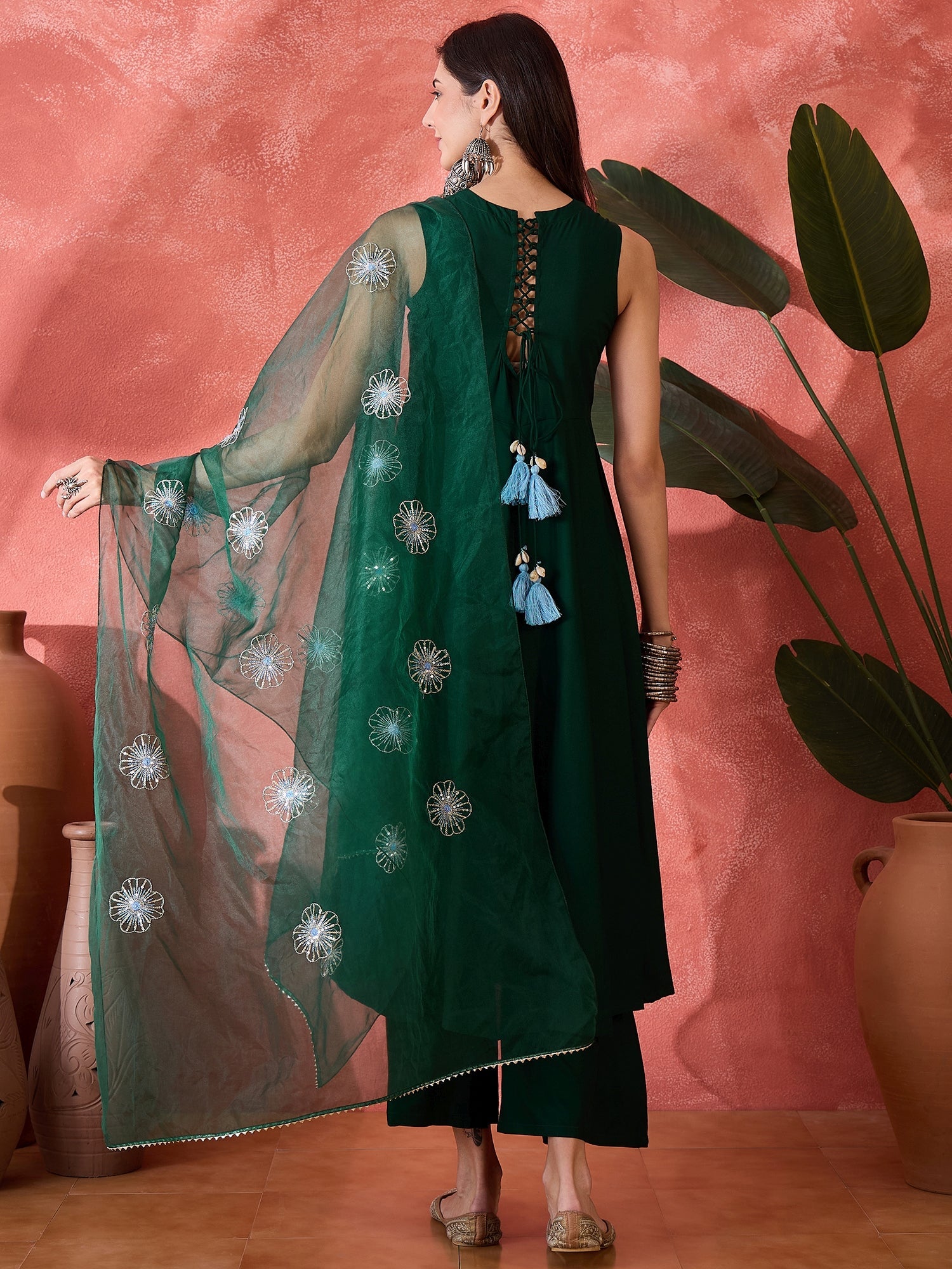 Women's Green Solid & Embellished Rayon Flared Kurta Palazzo Dupatta S