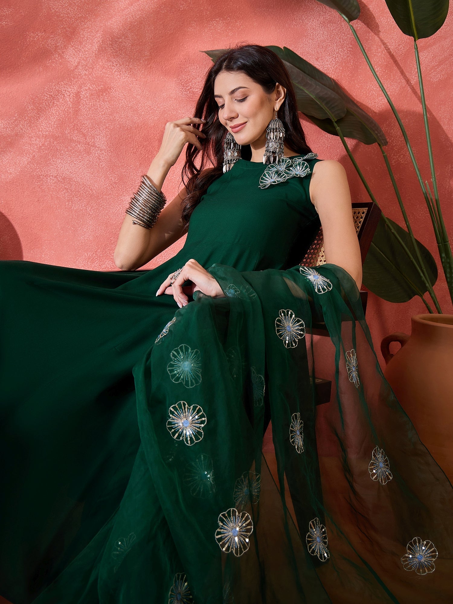 Women's Green Solid & Embellished Rayon Flared Kurta Palazzo Dupatta S