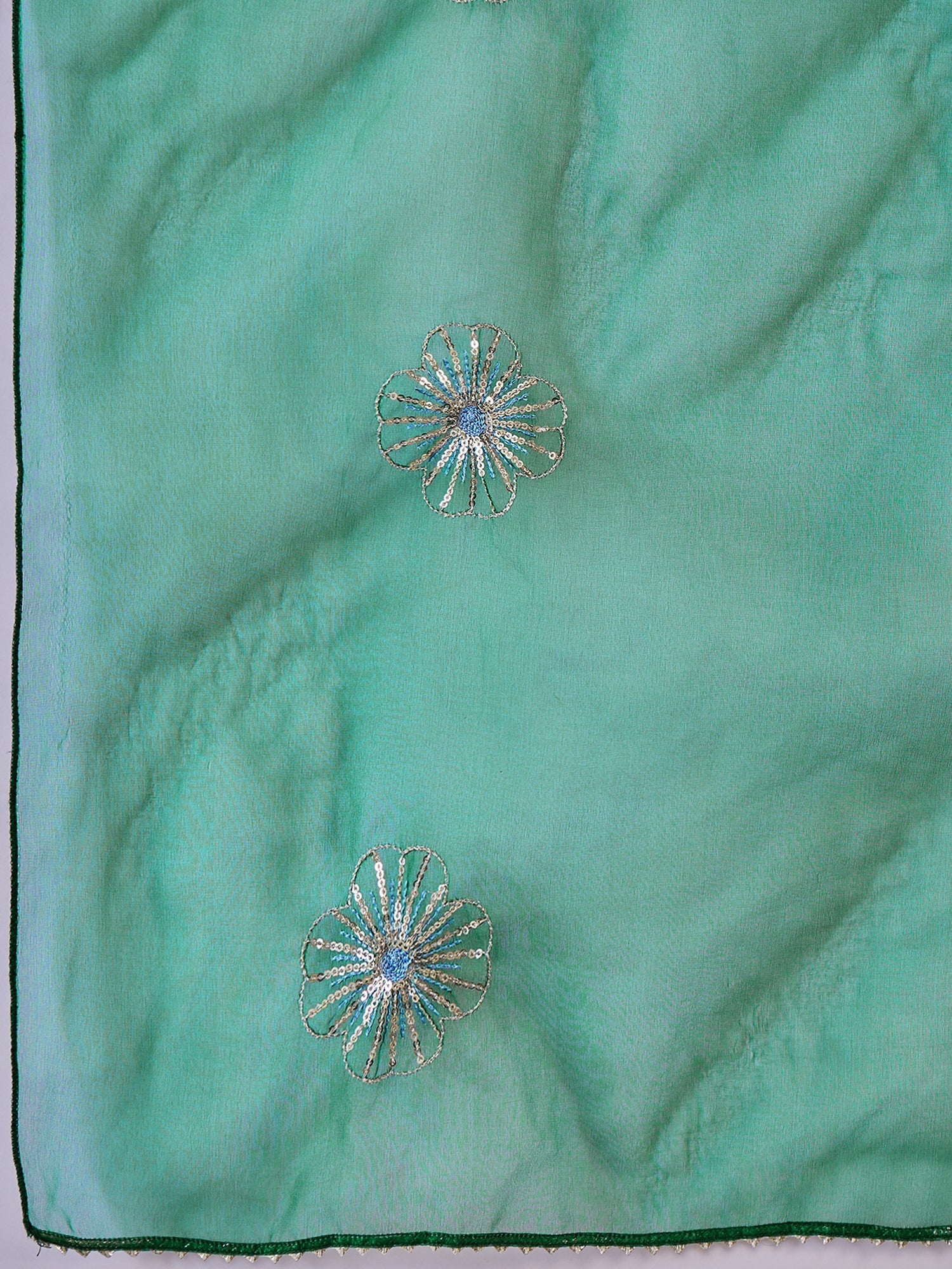 Women's Green Solid & Embellished Rayon Flared Kurta Palazzo Dupatta S
