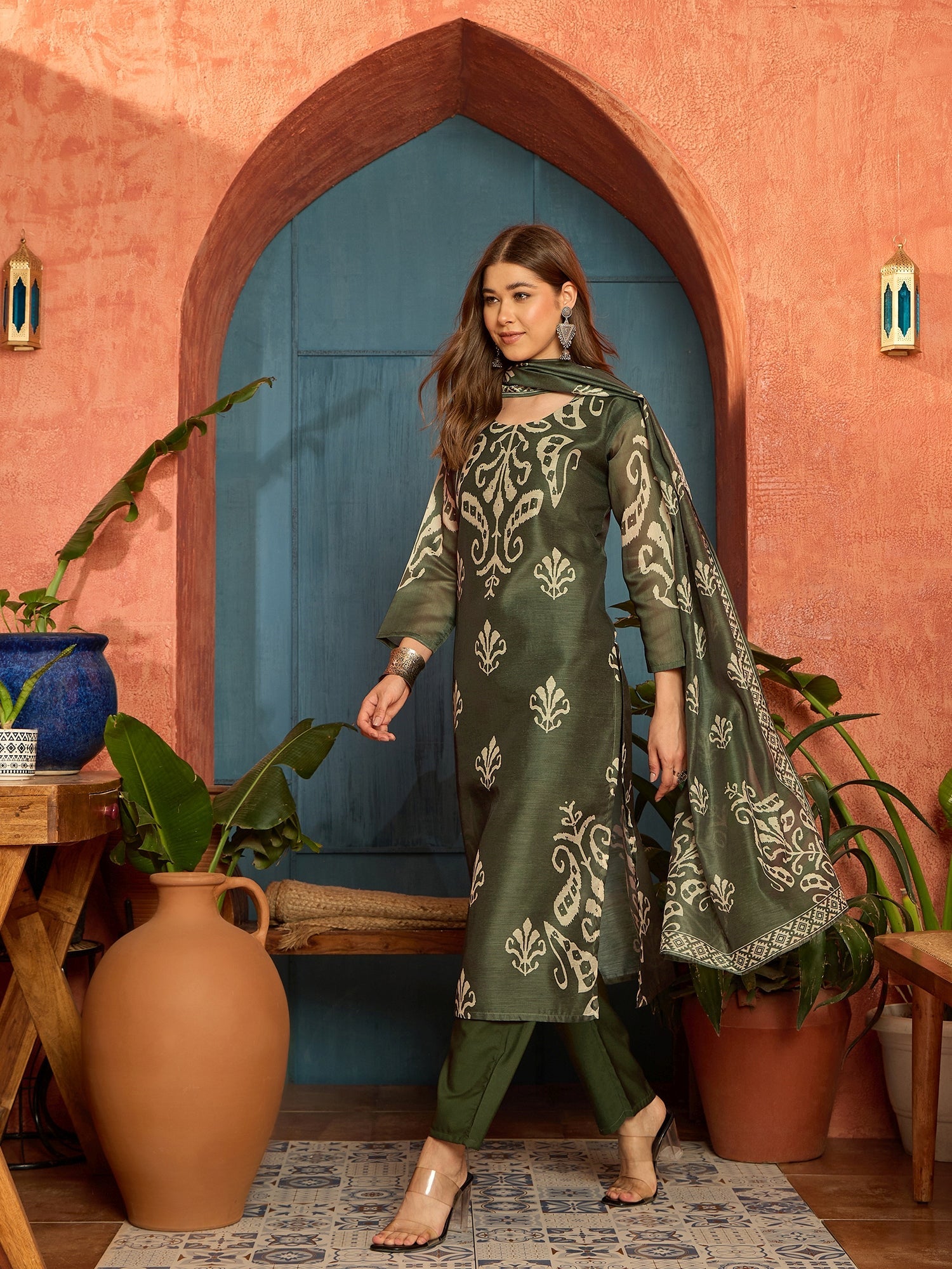 Stylum Women's Green Ikkat Printed Chanderi Straight Kurta Pant Dupatta Set (KPDGREENROCHAK)
