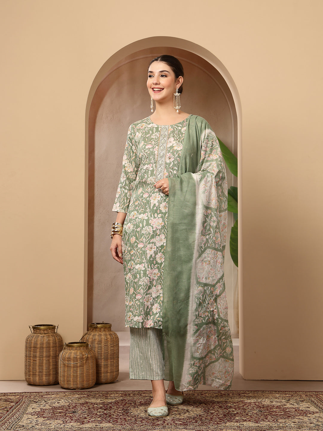 Women's Green Floral Printed Cotton Straight Kurta Pant Dupatta Set (K
