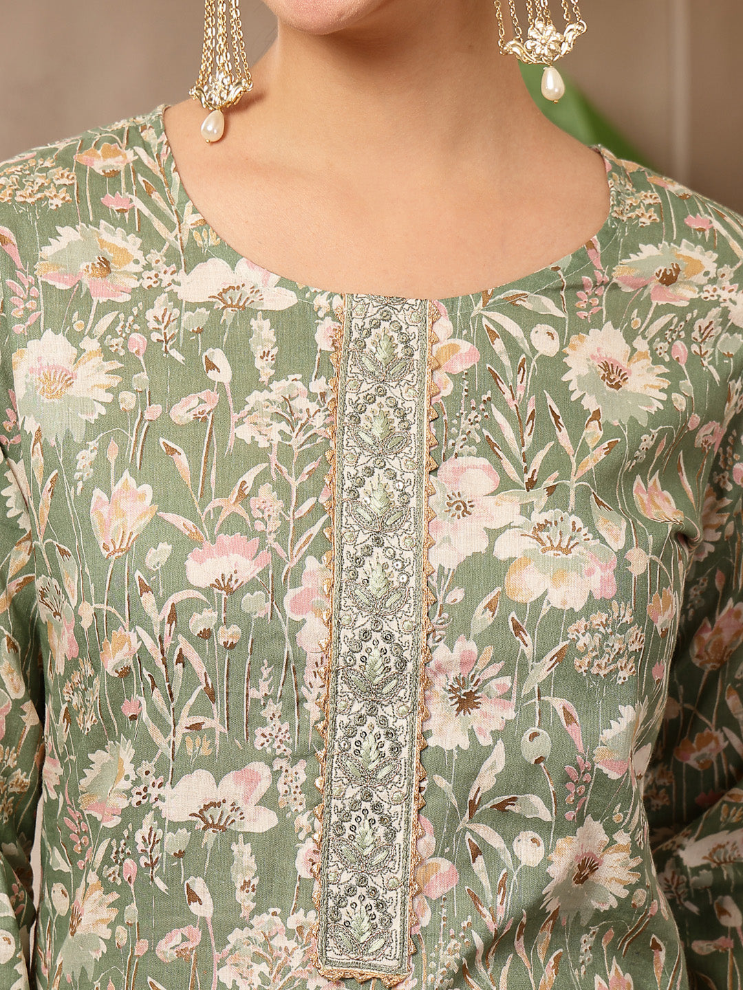 Women's Green Floral Printed Cotton Straight Kurta Pant Dupatta Set (K