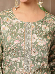 Stylum Women's Green Floral Printed Cotton Straight Kurta Pant Dupatta Set (KPDGREENROHINI)