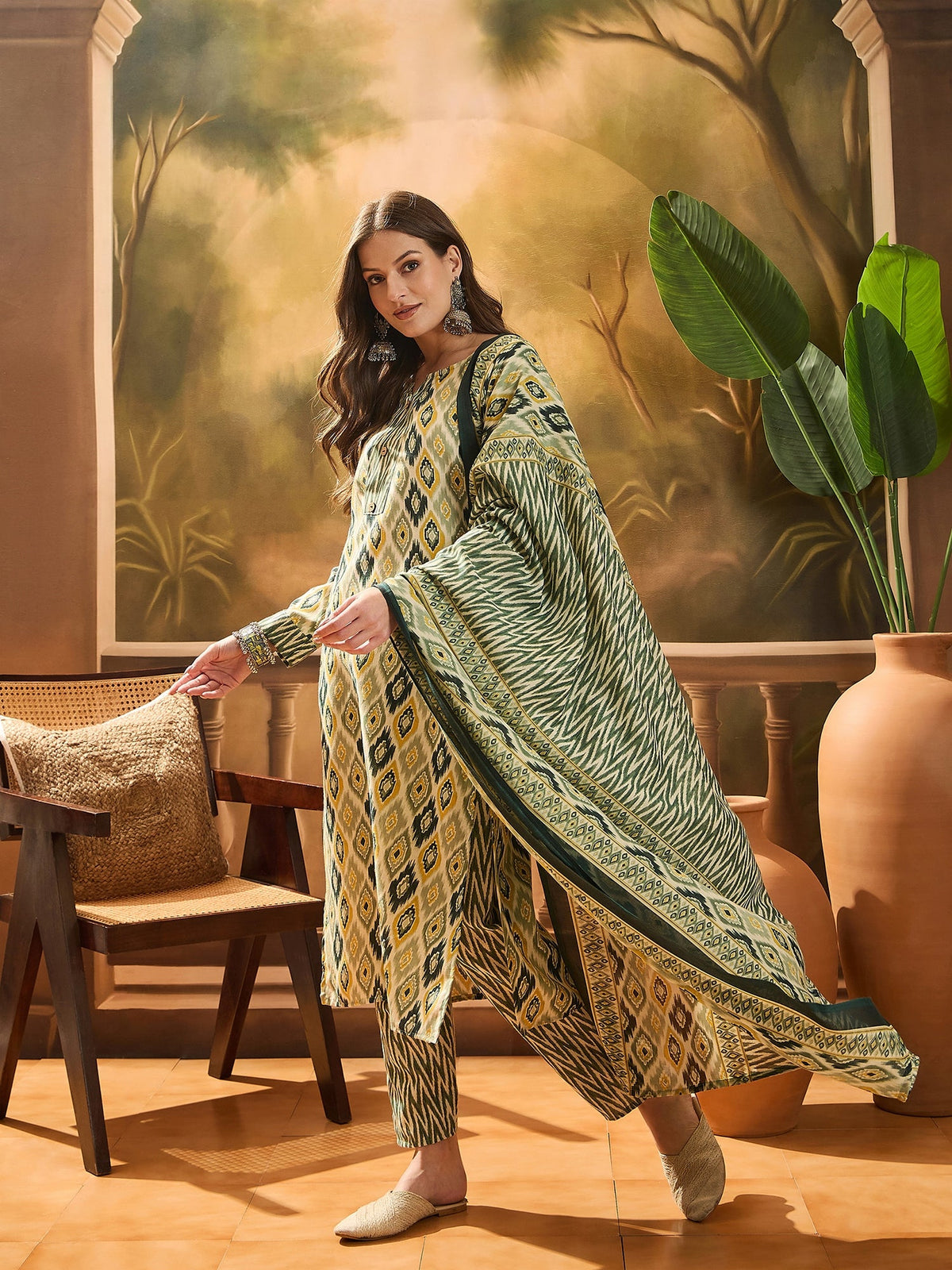 Stylum Women's Green Geometric Printed Cotton Blend Straight Kurta Pant Dupatta Set (KPDGREENSABU)