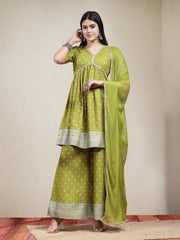 Women's Ethnic Motif Printed Naira Cut Rayon Kurta Palazzo Dupatta Set-KPDGREENSANJH