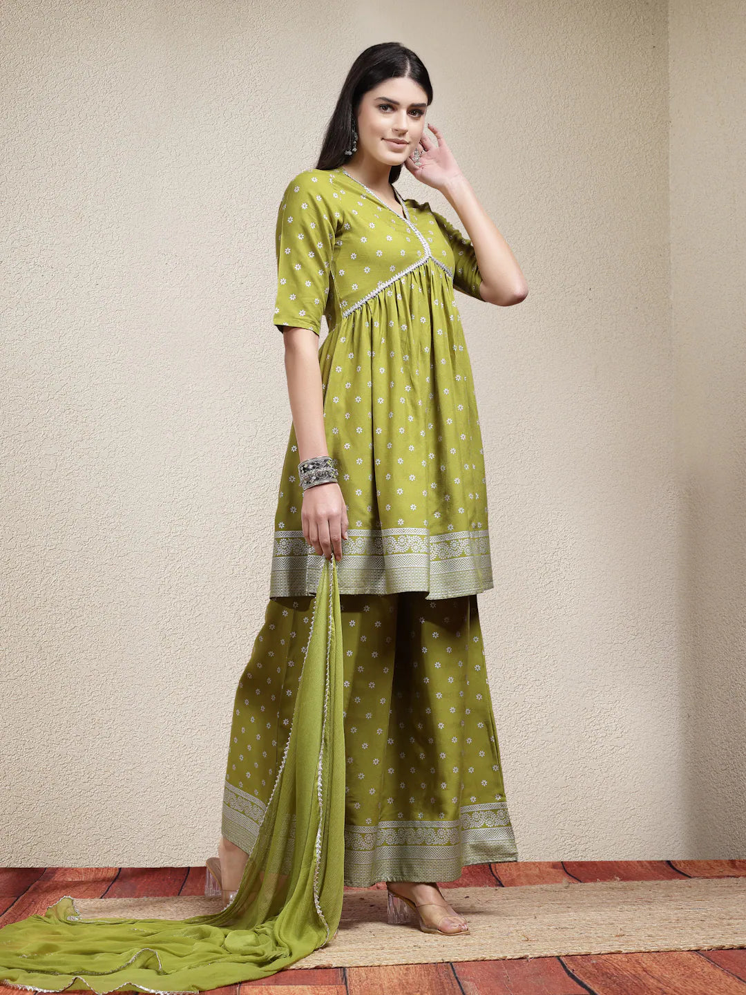 Printed Kurta Palazzo Set - Women's Ethnic Motif, Green Sanjh