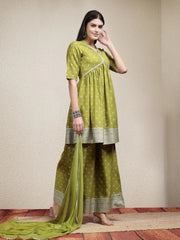 Women's Ethnic Motif Printed Naira Cut Rayon Kurta Palazzo Dupatta Set-KPDGREENSANJH