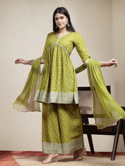 Women's Ethnic Motif Printed Naira Cut Rayon Kurta Palazzo Dupatta Set-KPDGREENSANJH