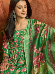 Stylum Women's Green Floral Printed Rayon Flared Kurta Palazzo Dupatta Set (KPDGREENSUFIYA)