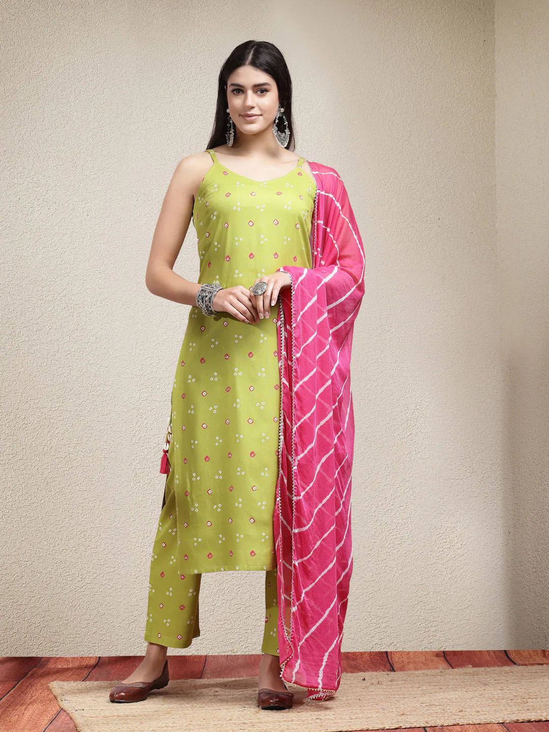 Bandhej Printed Rayon Women's Kurta Set with Dupatta