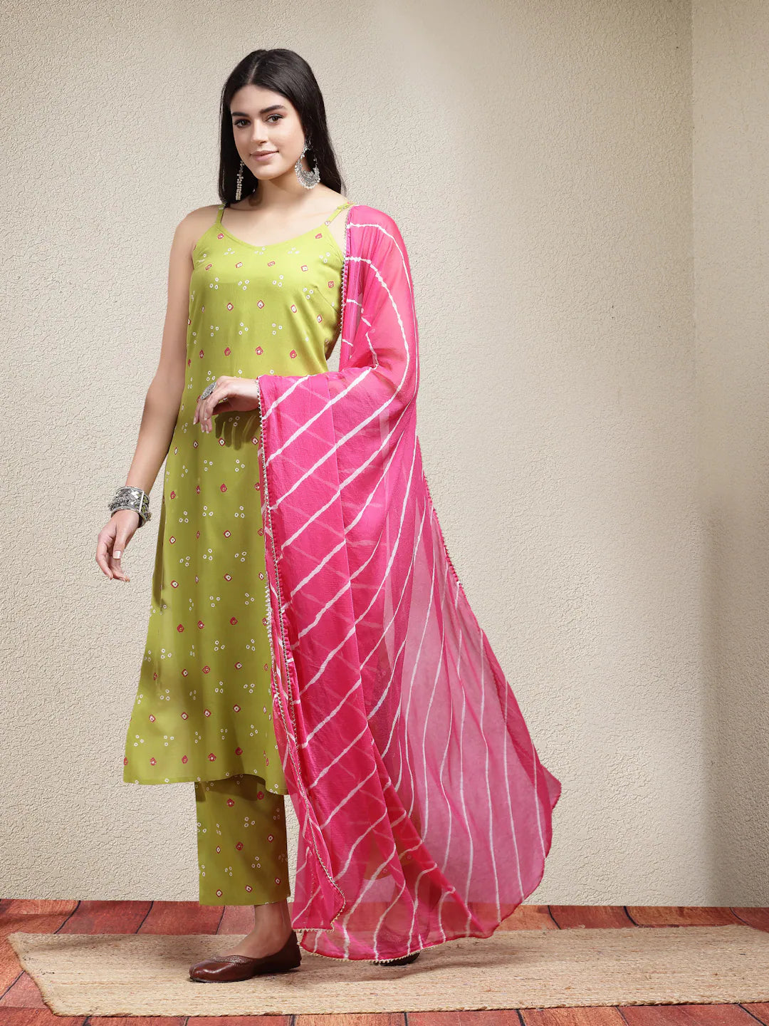 Bandhej Printed Rayon Women's Kurta Set with Dupatta