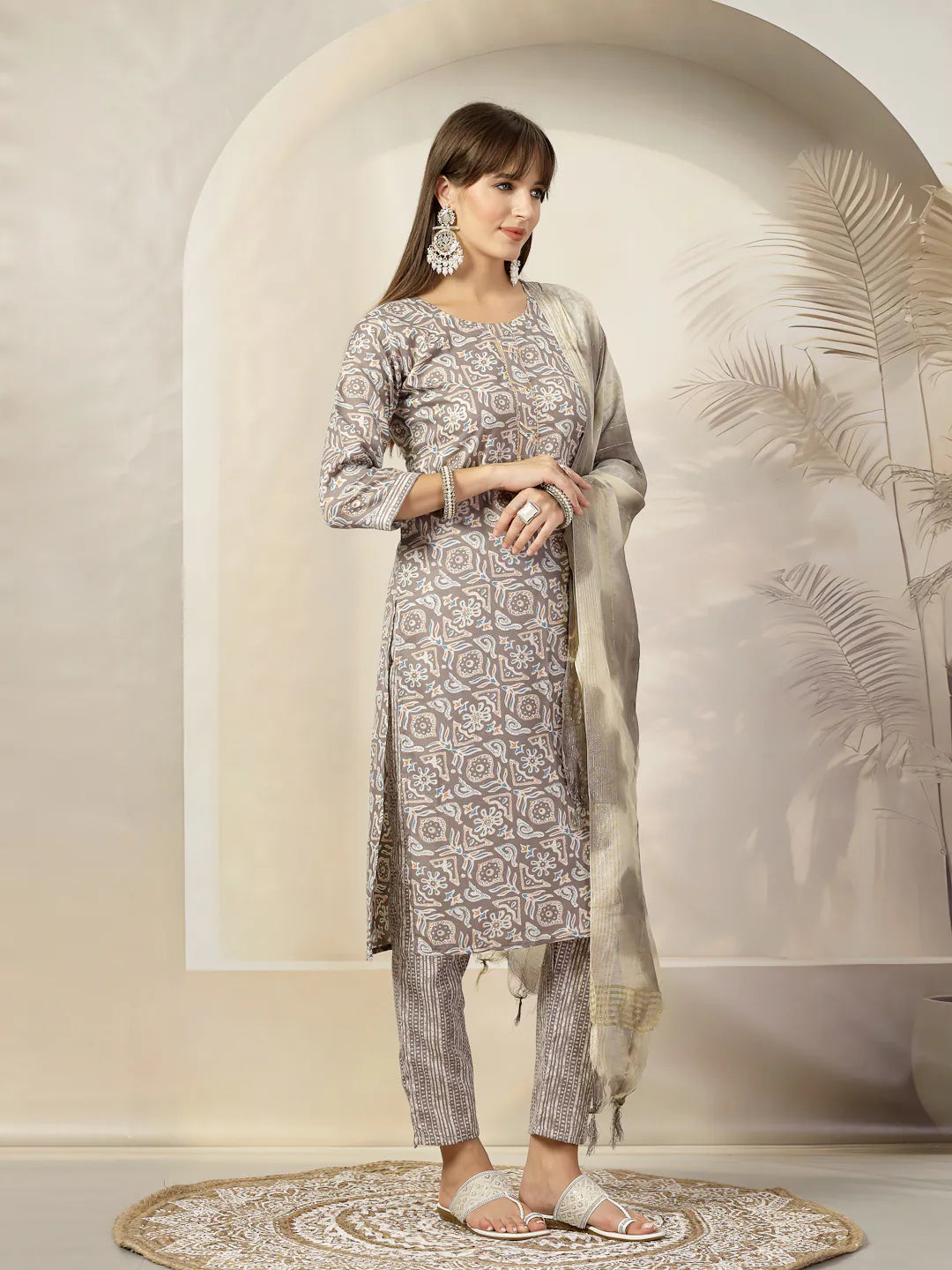 Grey Ethnic Print Kurta Set with Dupatta | Indian Kurta Sets