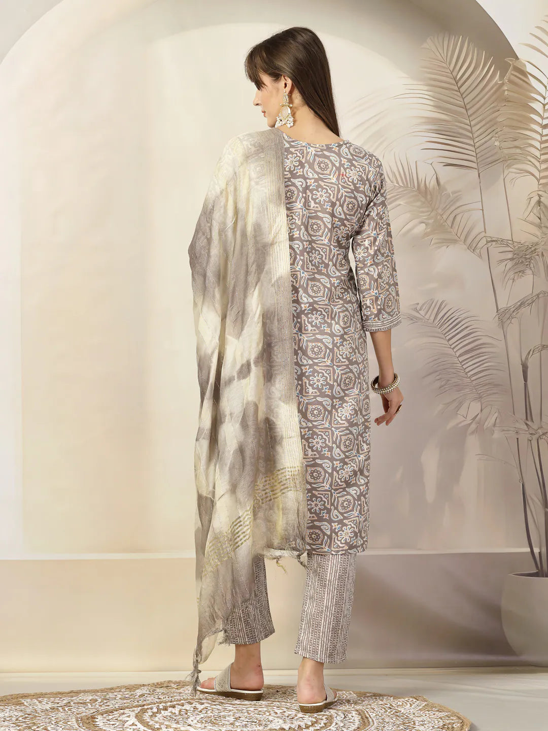 Grey Ethnic Print Kurta Set with Dupatta | Indian Kurta Sets