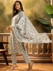Stylum Women's Grey Floral Printed Cotton Straight Kurta Pant Dupatta Set (KPDGREYJUNG)