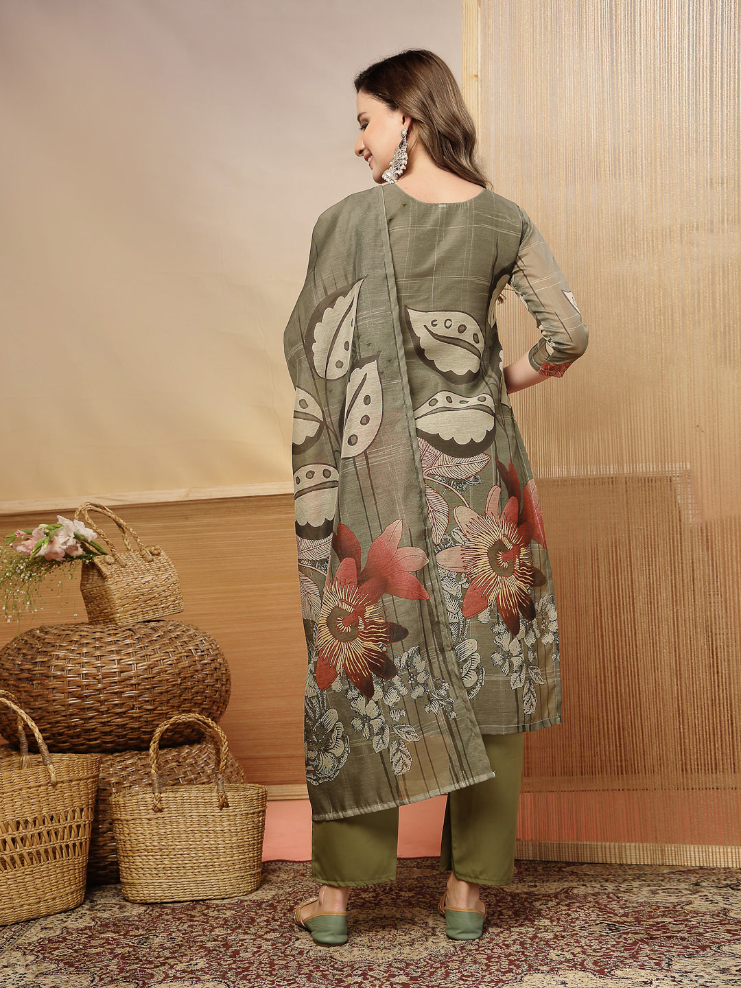 Women's Grey Floral Printed Chanderi Silk Straight Kurta Pant Dupatta 