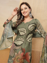Stylum Women's Grey Floral Printed Chanderi Silk Straight Kurta Pant Dupatta Set (KPDGREYMORAL)