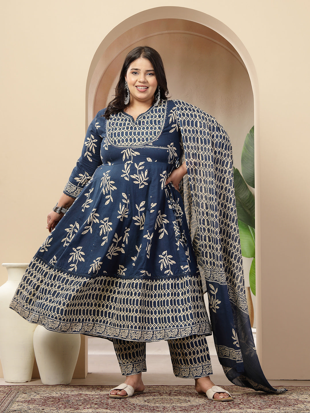 Women's Plus Size Blue Floral Printed Cotton Anarkali Kurta Pant Dupat