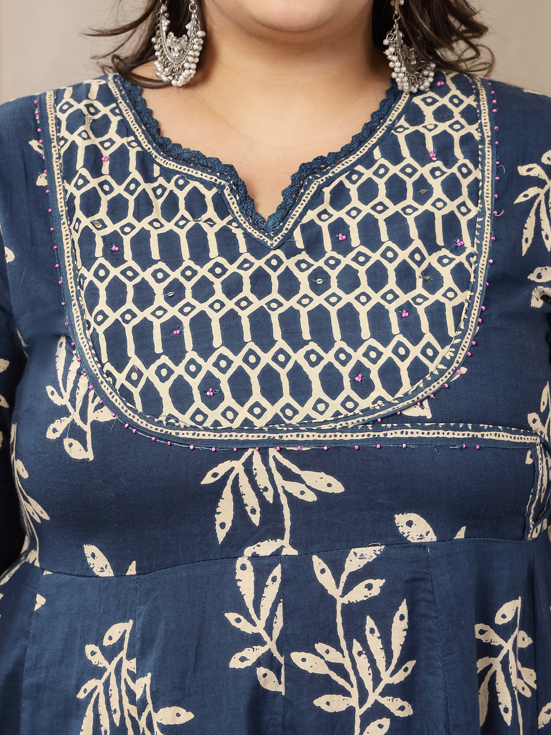 Women's Plus Size Blue Floral Printed Cotton Anarkali Kurta Pant Dupat