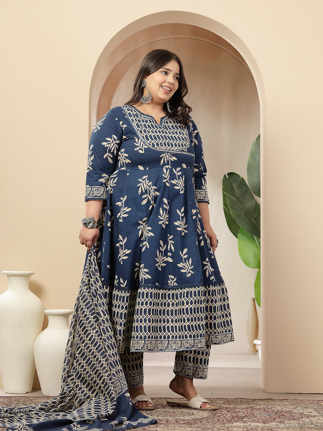 Women's Plus Size Blue Floral Printed Cotton Anarkali Kurta Pant Dupat