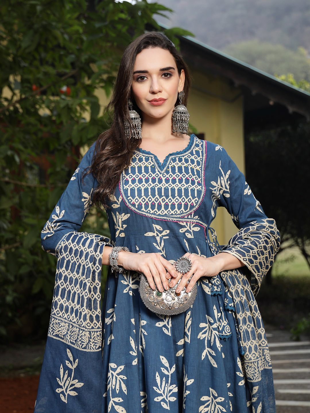 Women's Blue Floral Printed Cotton Anarkali Kurta Pant Dupatta Set (KP
