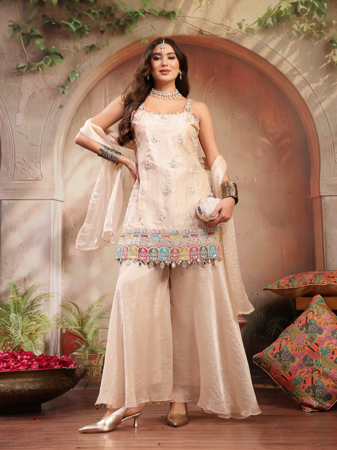 Women's Ivory Solid & Embroidered Organza Straight Kurti Palazzo Dupat