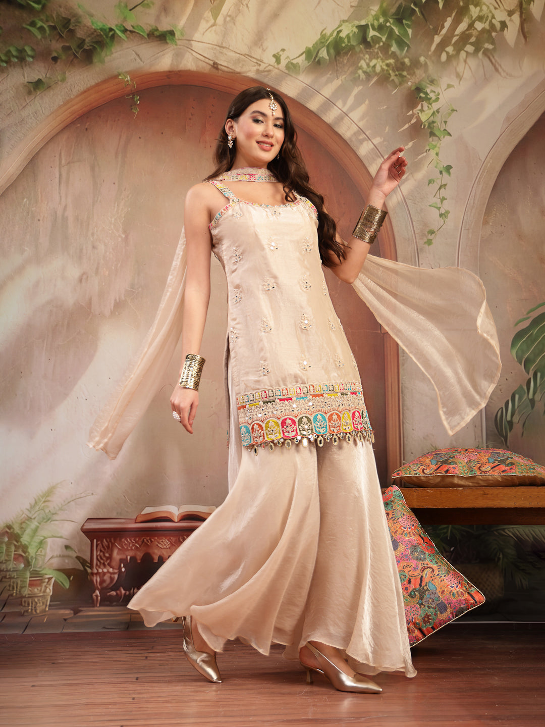 Women's Ivory Solid & Embroidered Organza Straight Kurti Palazzo Dupat