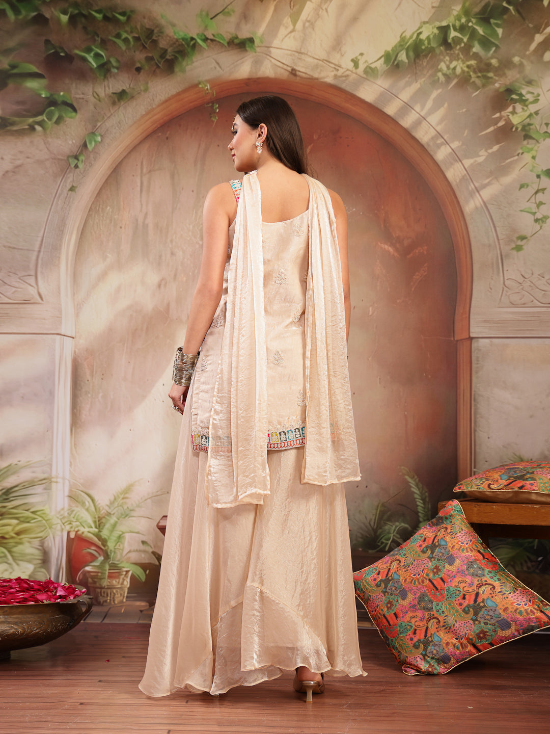 Women's Ivory Solid & Embroidered Organza Straight Kurti Palazzo Dupat